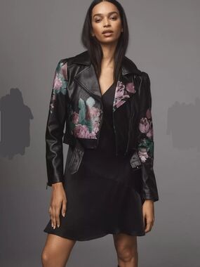 Anthropologie Black Faux Leather Floral-Painted Moto Jacket